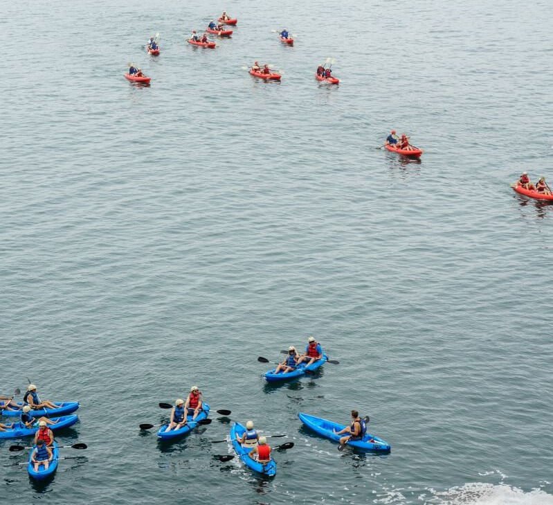 plusieurs kayaks gonflables bleus et rouges pagayant sur l'eau
