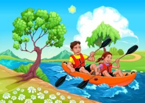 Illustration graphique d'un canoé gonflable en eaux vives avec 2 personnes à bord
