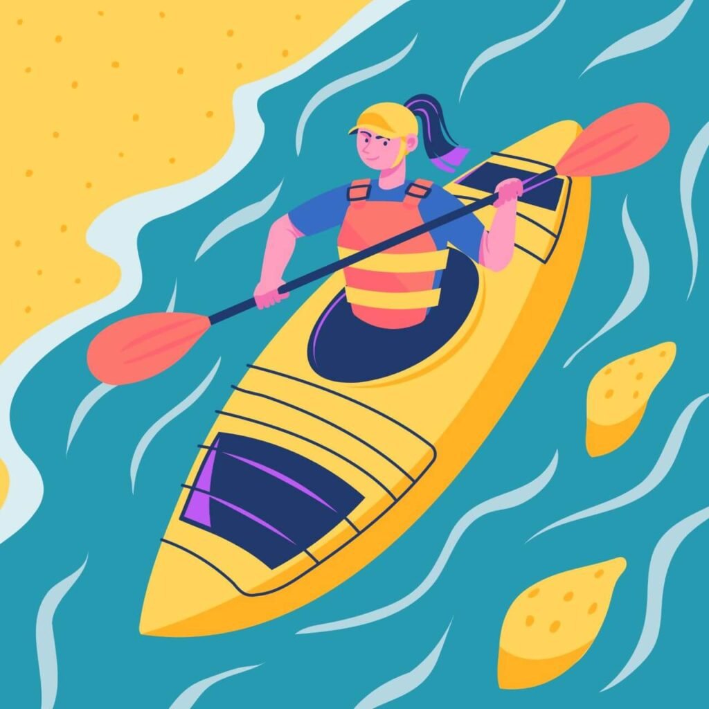 Illustration graphique d'un canoé gonflable en eaux vives avec 1 jeune femme casquée